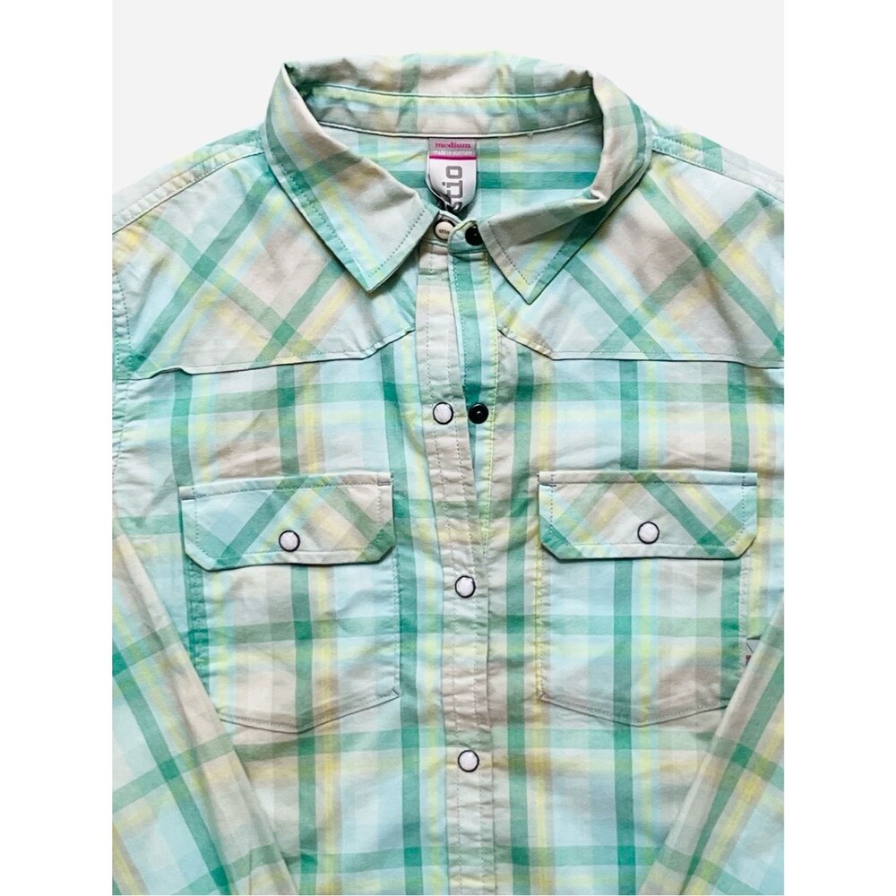 STIO Esther Shirt Women's Medium NWT Mint Plaid Pearl Snap Cotton Button Up